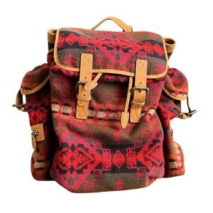 Mulholland Brothers Backpack Red Aztec Navajo Print Wool Brown Leather Rucksack